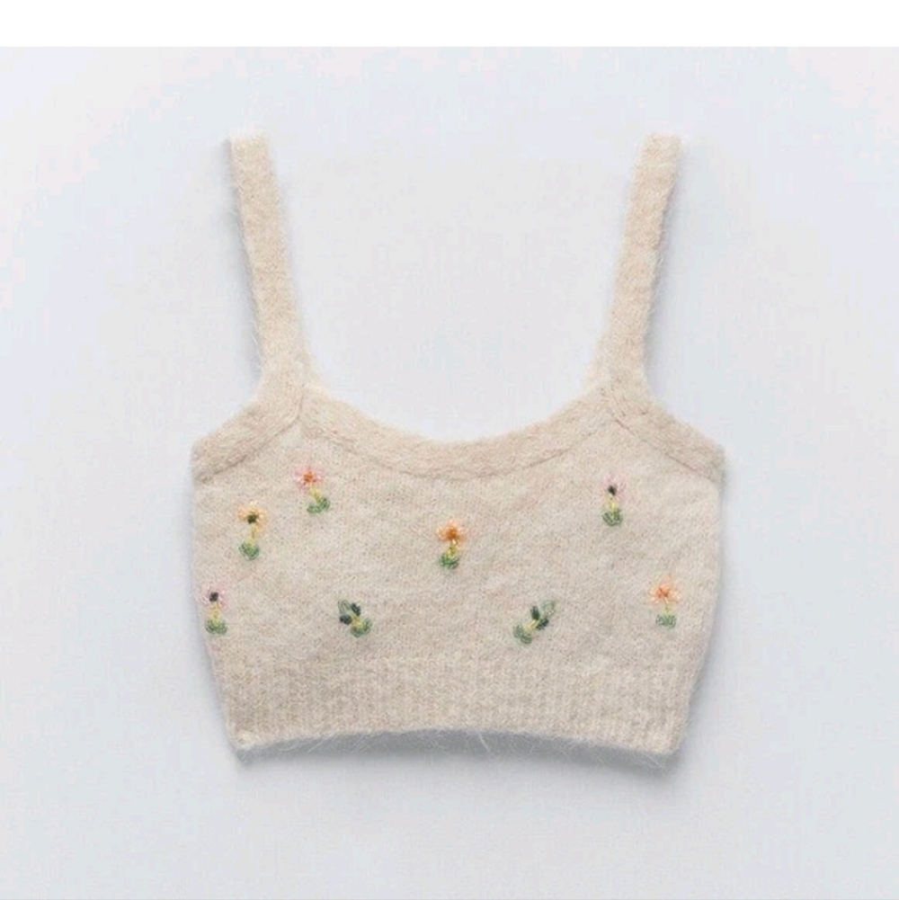 Zara Embroidered Beaded Crop Top small boho cottagecore grannycore alpaca blend